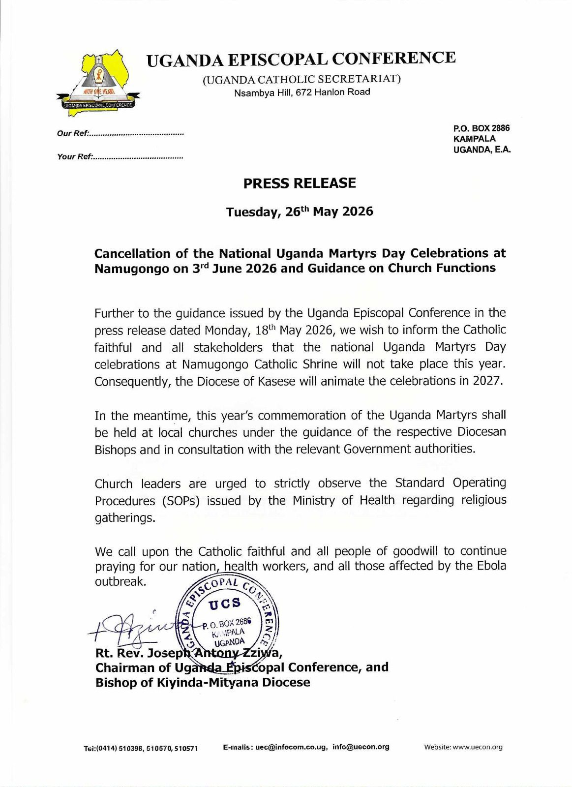 Uganda Martyrs Day 2026 National Celebrations Cancelled Due to Ebola Outbreak